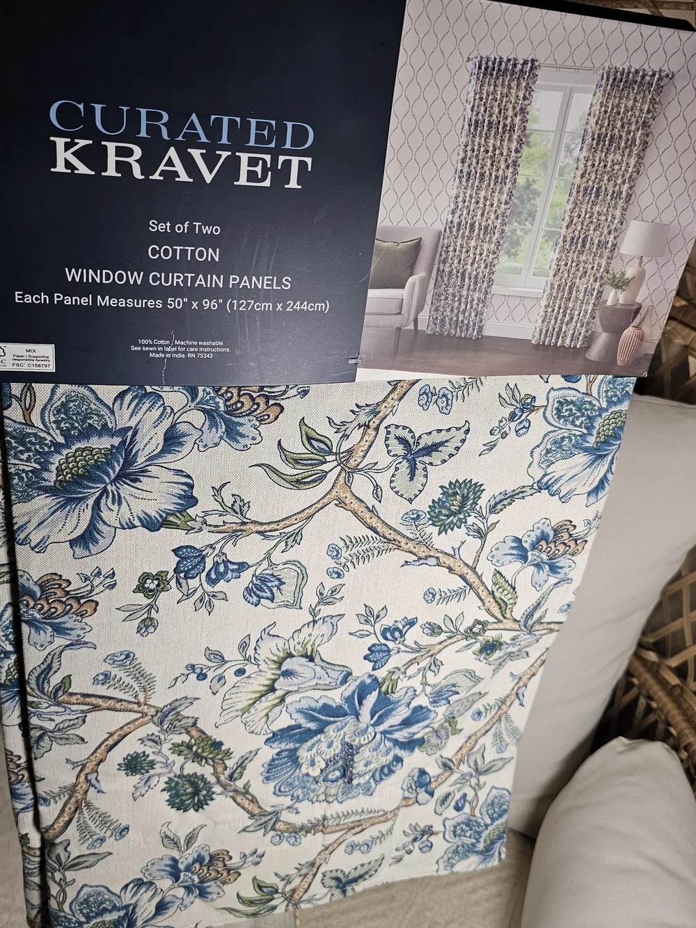 NWT Curated Kravet 2 pc Window Curtains Jacobean Floral Blue Cotton 50” x 96”